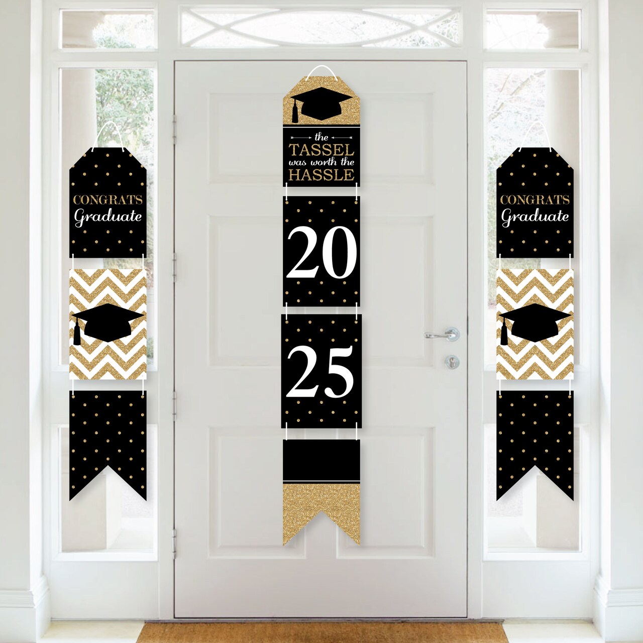 Big Dot of Happiness Gold - Tassel Worth The Hassle - Hanging Vertical Paper Door Banners - 2025 Grad Party Wall Decoration Kit - Indoor Door Decor